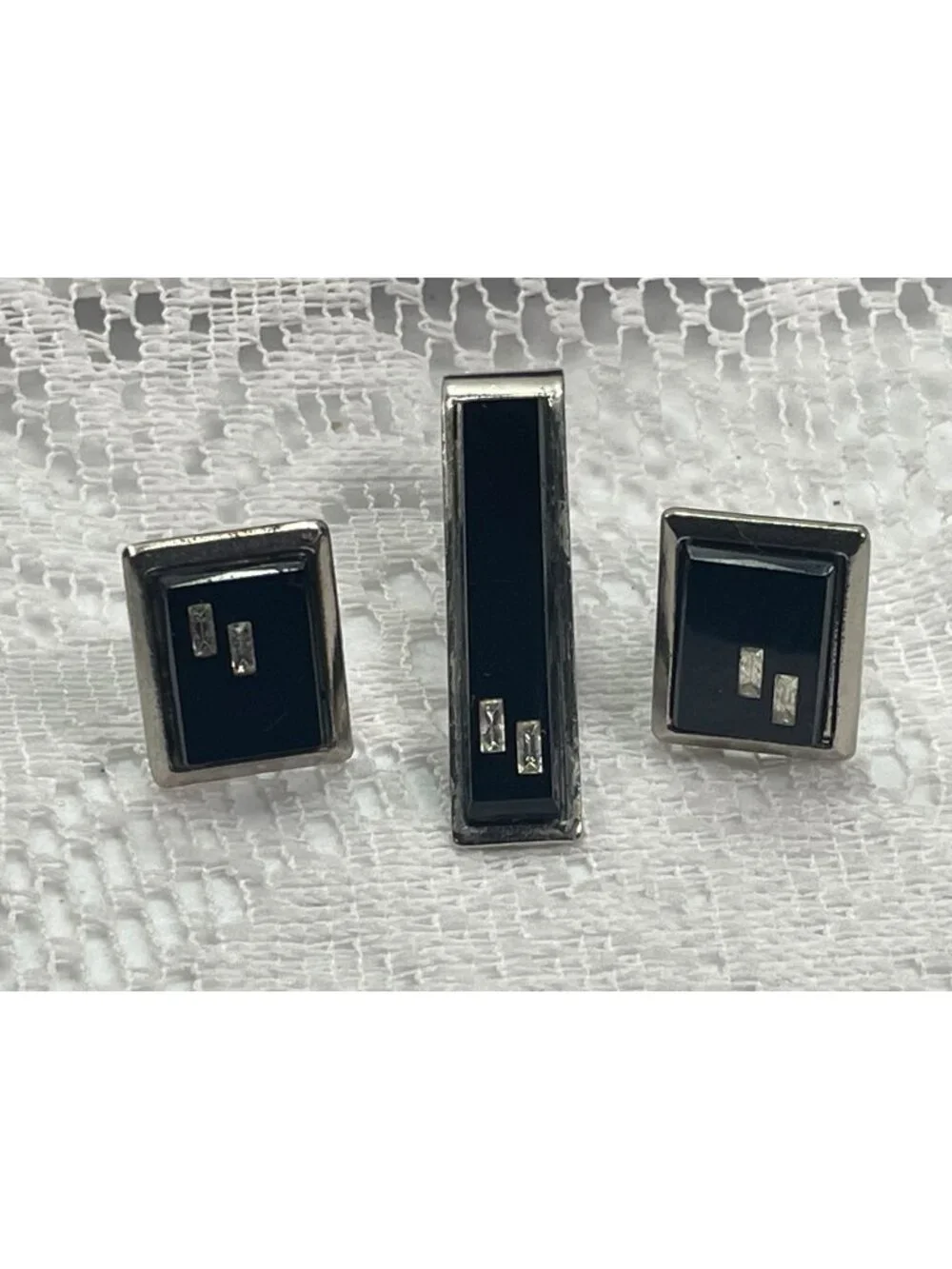 Set of 3 Men's Black Vintage cuff links and Tie clip set.